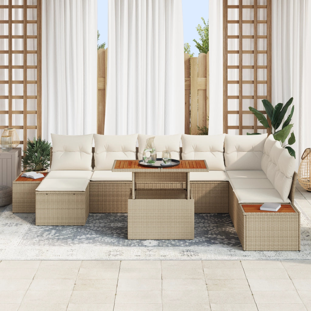 Set da Pranzo da Giardino 9 Pezzi con Cuscini Beige in Polyrattan e Acacia