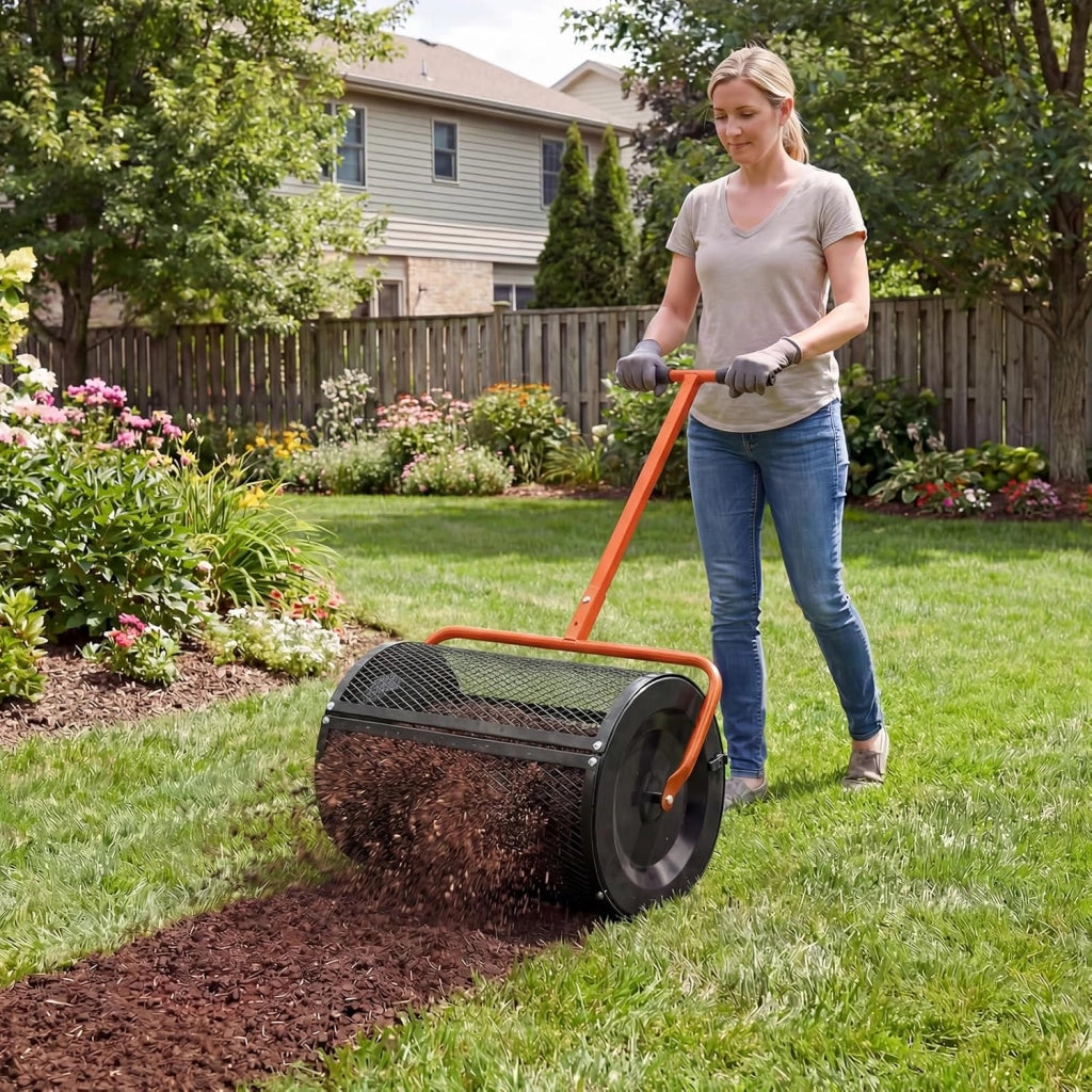 Spandiconcime a Rullo, Rullo da Giardino con Impugnatura Pratica Chiusure Laterali e Rete in Metallo per Concimazione e Semina, Spandiconcime per Prato e Giardino (40 x 61 cm Arancione)