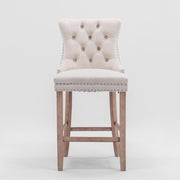 Set di 2 Sgabelli da Bar con Schienale Alto e Borchie Decorative; per Cucina e Sala da Pranzo; Velluto Beige