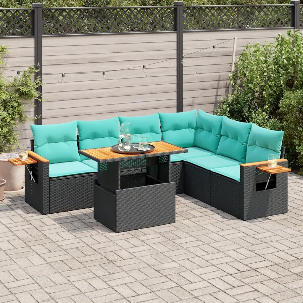 Set Divani da Giardino con Cuscini 7pz Nero Polyrattan Acacia