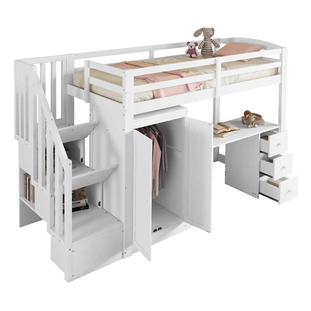 Letto a castello bianco con scrittoio armadio e scala in pino 90x200 cm