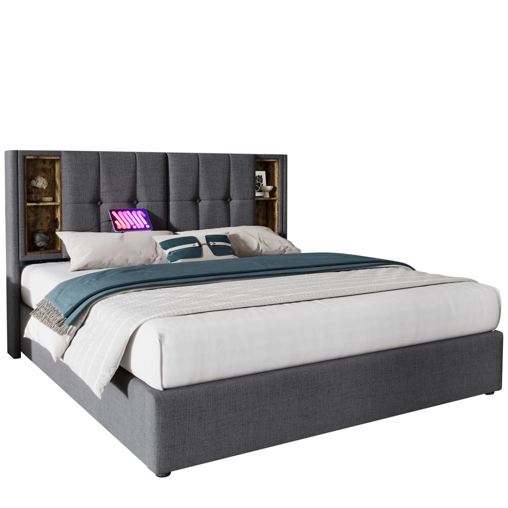 Letto matrimoniale imbottito 160x200 cm con ricarica wireless, USB e contenitore, grigio