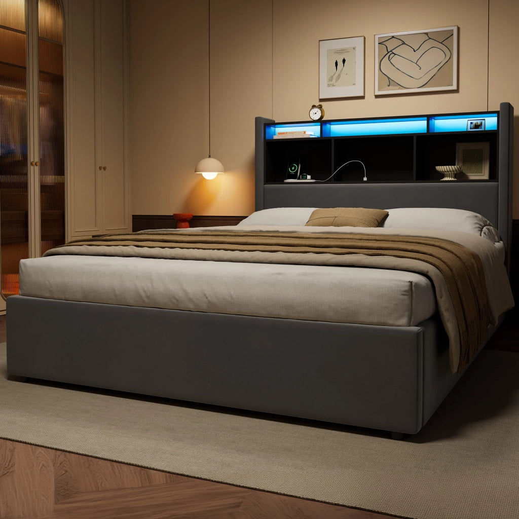 Letto matrimoniale contenitore imbottito grigio scuro 140x190 cm con LED e ricarica USB