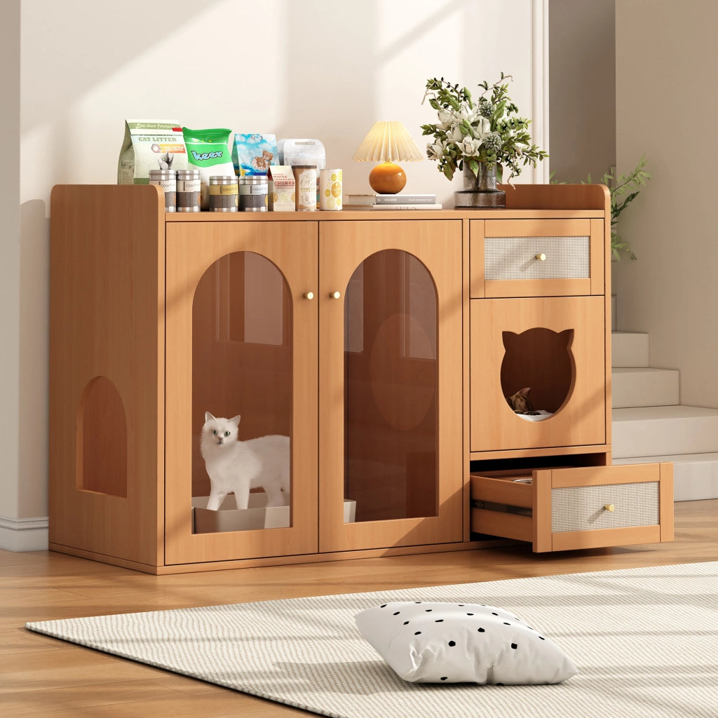 Mobile coperto per lettiera per gatti 5 in 1 con vano riposo e cassetto ciotole, in MDF e vetro, noce, 120 × 45 × 76 cm