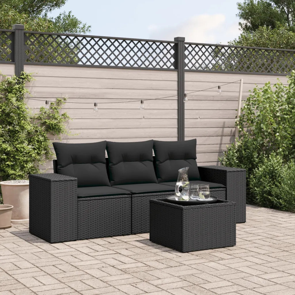 Set Divani da Giardino 4 pz | Set Salotto da Giardino con Cuscini Nero in Polyrattan