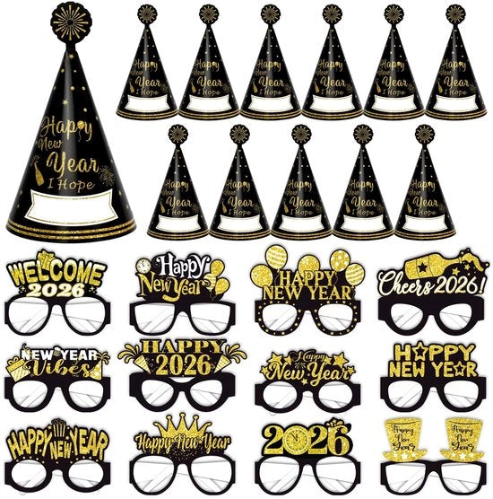 Articoli di festa per il Capodanno - 12 cappelli da festa - 12 occhiali - decorazioni in carta - disegno allegro - per la vigilia di Capodanno - 12 pezzi