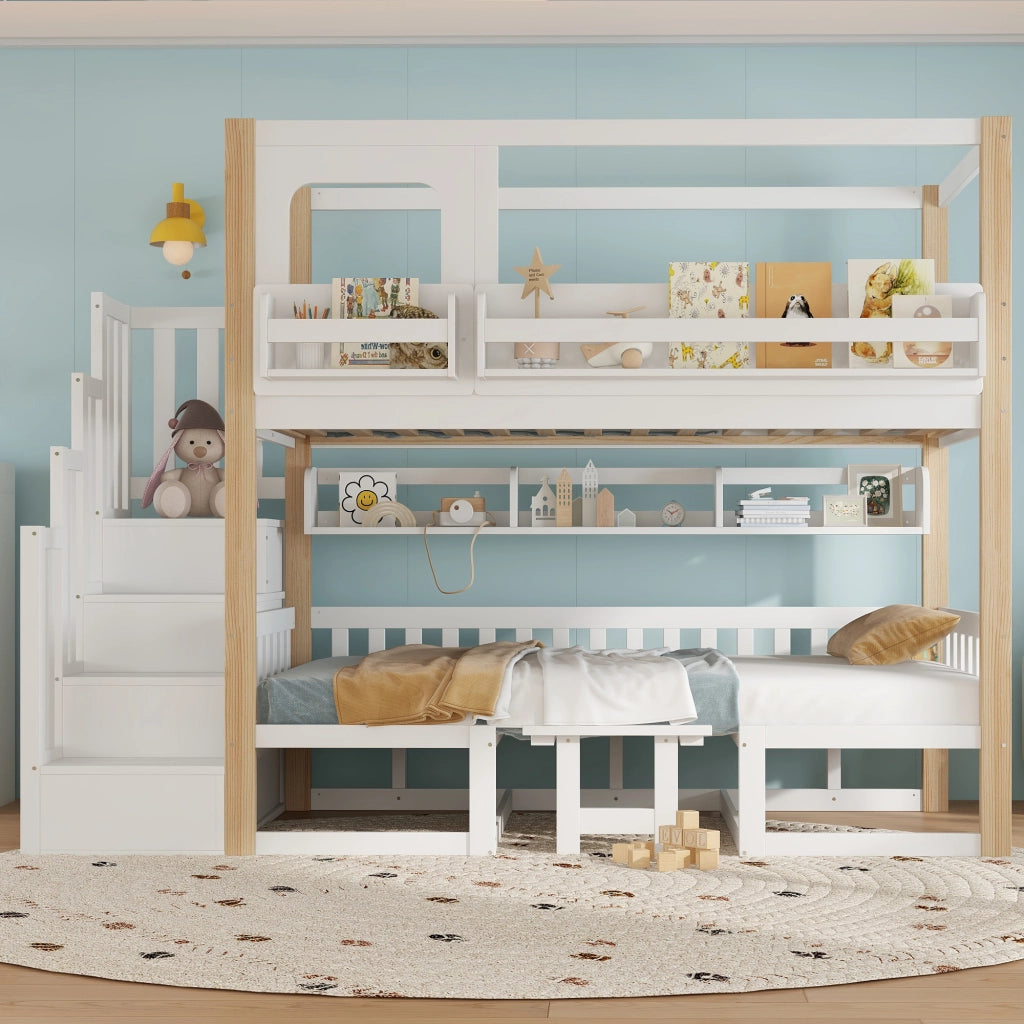 Letto a Castello 90x200 cm - Tavolo Pieghevole Regolabile; Scala Contenitore e Libreria