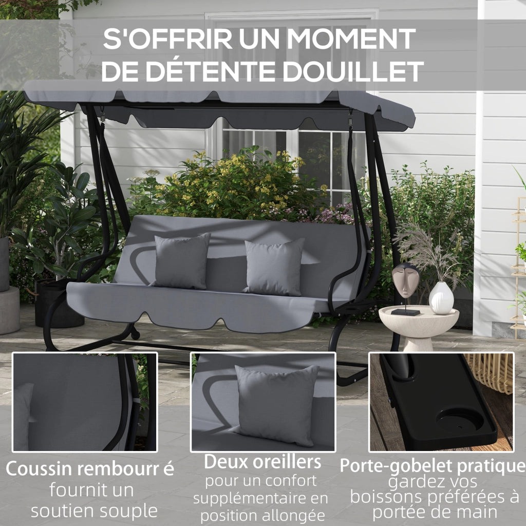 Dondolo da giardino 3 posti ¨C Xylo ¨C convertibile con tetto regolabile acciaio grigio scuro 200x120x164 cm