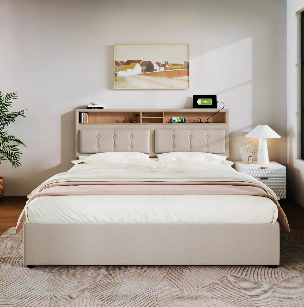 Letto imbottito 140x200 cm con 4 cassetti e prese USB-C