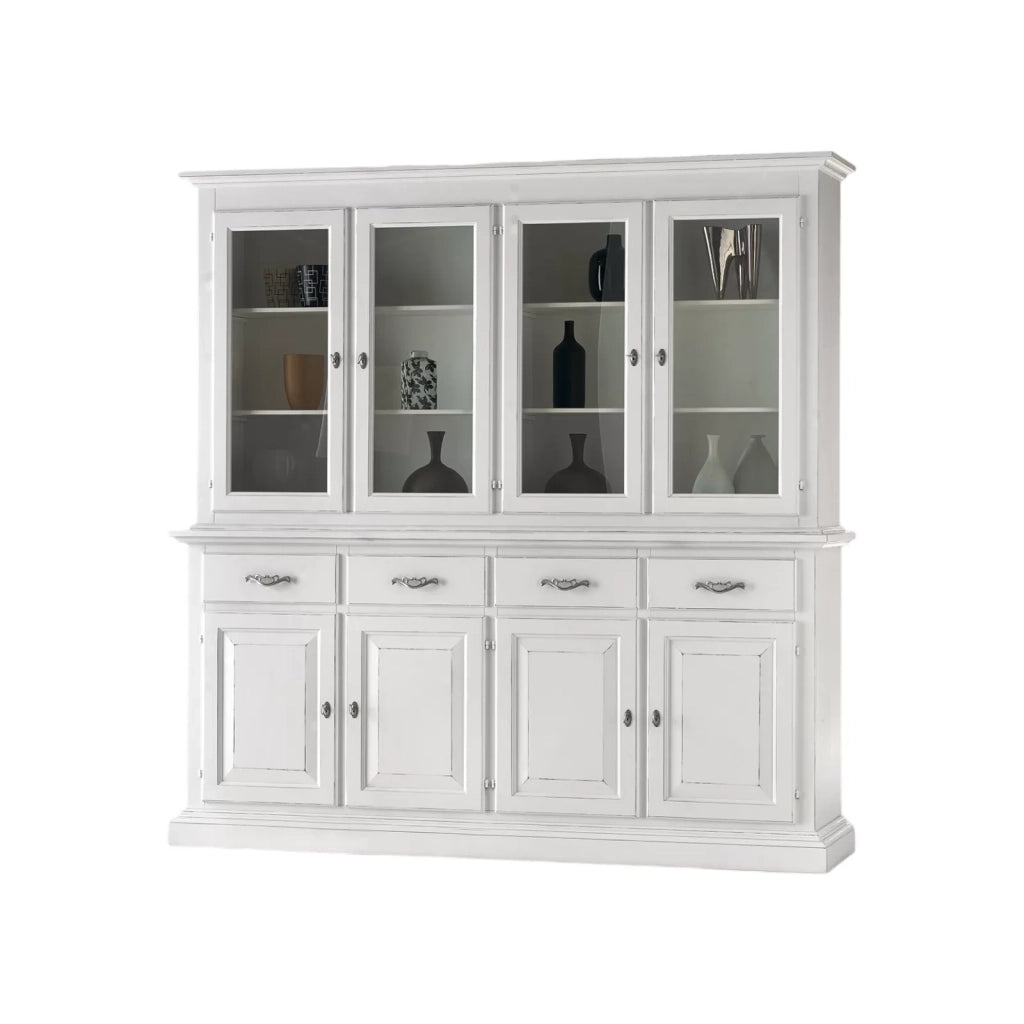 Cristalliera shabby chic in legno massello 8 porte bianco consumato l.222 p.51 h.226 - Mobili 2G