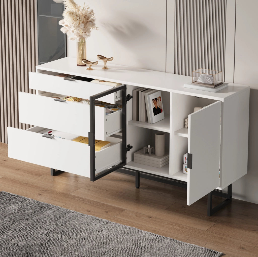 Sideboard moderno bianco con LED, vetrina e 3 cassetti