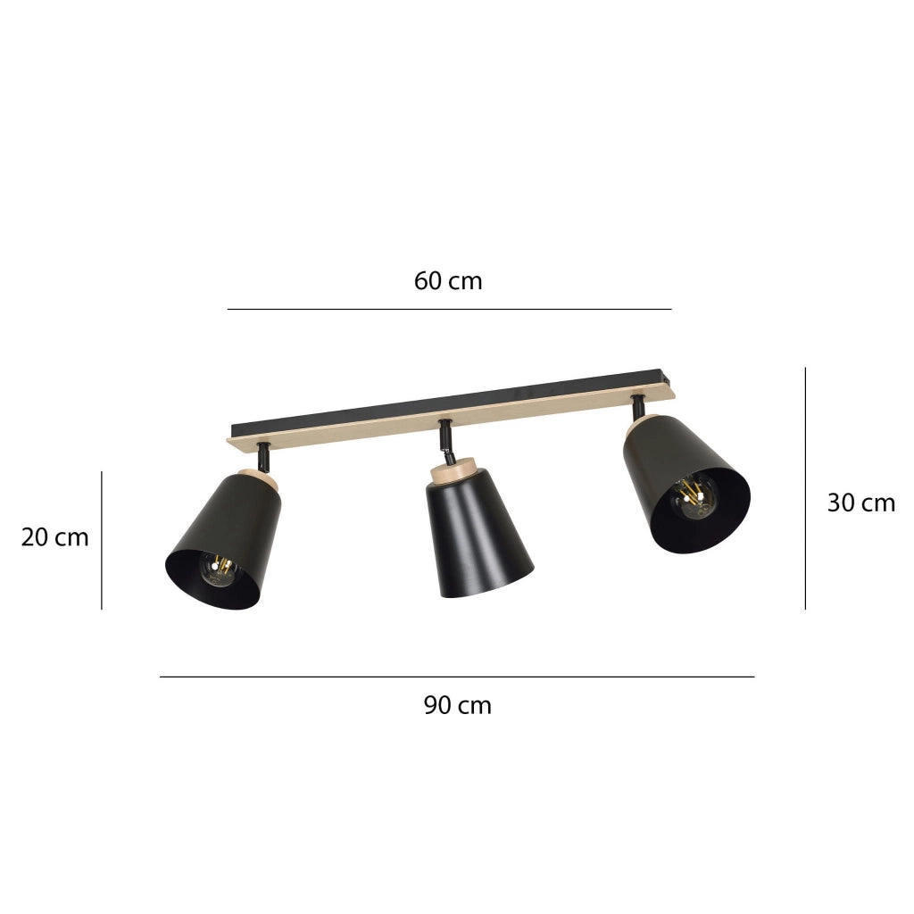 Plafoniera Emibig Atlas 3, 3xE27 nera legno 90cm orientabile