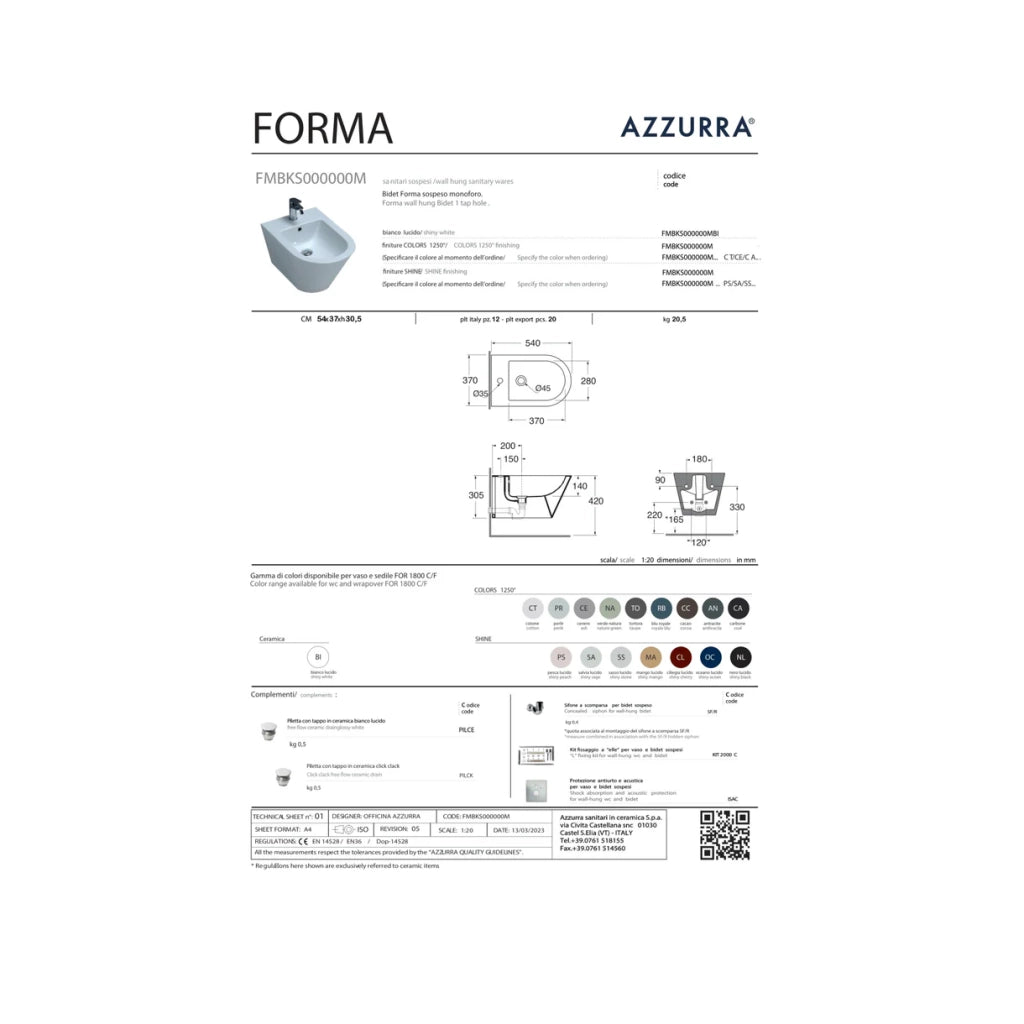 Bidet Sospeso Azzurra Ceramica "Forma" Bianco Opaco