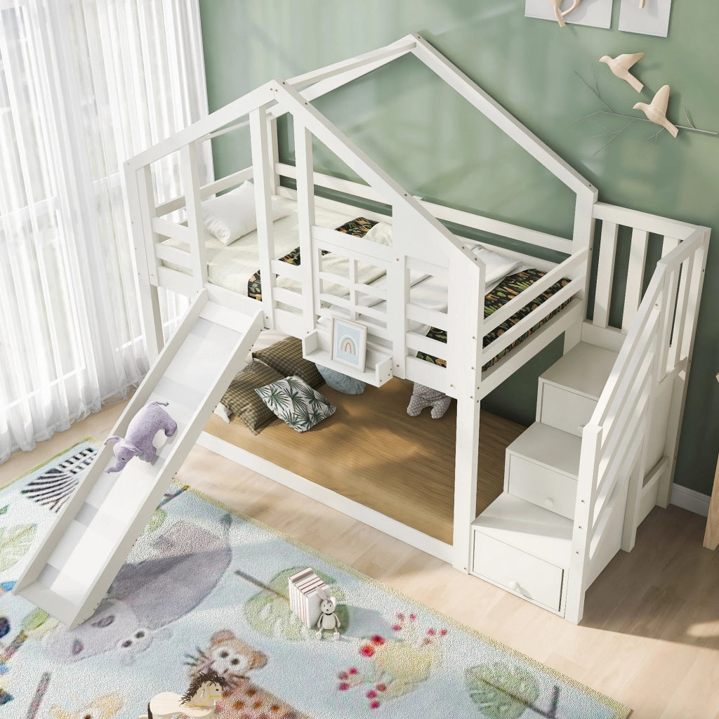 Letto a Castello 90 x 200 cm; 2 Posti - con Scivolo e Scale Contenitore - Bianco