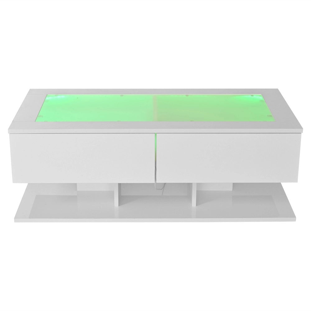 Tavolino da Caff¨¨ con LED e Cassetti ¨C MINIMAL ¨C Piano in Vetro, Bianco Lucido, 100x50x35