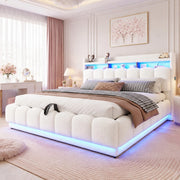 DESMIU Letto contenitore 180 × 200 cm 2 posti con LED, USB e presa, senza materasso, in tessuto bouclé, bianco