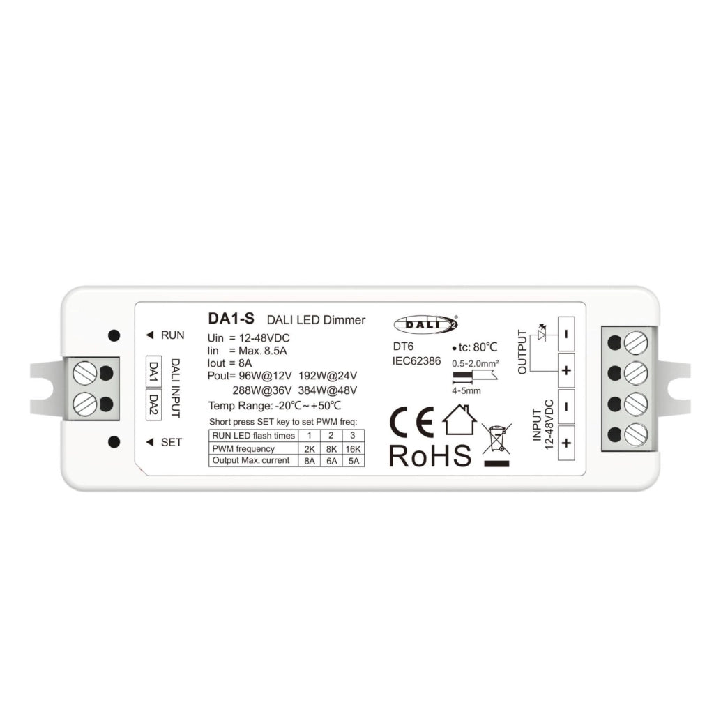 Dimmer DALI 12V 24V 36V 48V 8A, 1 Canale Tensione Costante, Push Dim, DALI-2, PWM 2KHz 8KHz 16KHz, per Strisce LED Monocolore