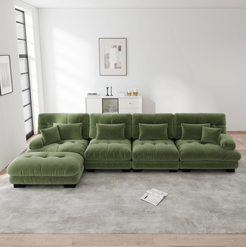 Divano modulare 4 posti con ottomane mobili; configurazione angolare o lineare; chenille verde
