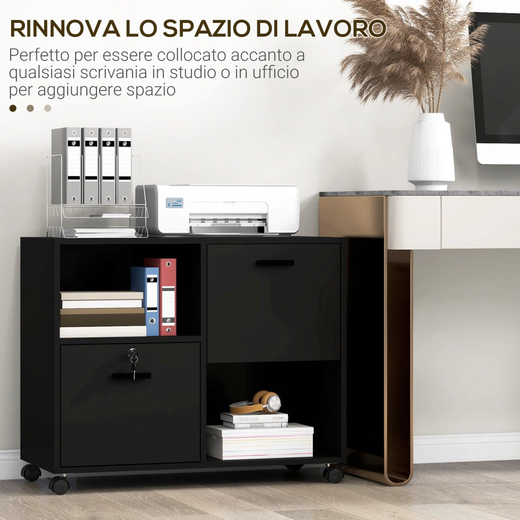 Mobile da Ufficio con 2 Cassetti Porta Documenti e Ripiani, Ruote con Blocco, 80x40x66cm, Nero