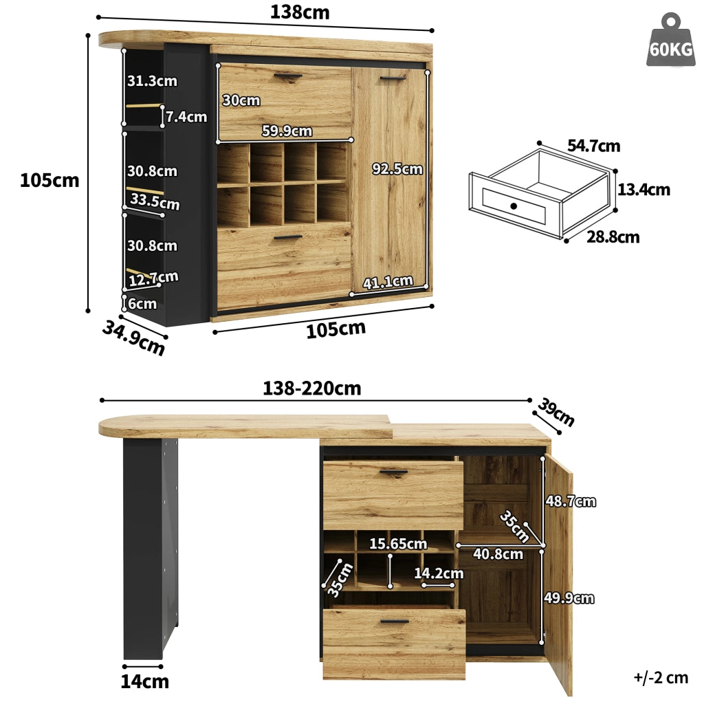 Tavolo da Pranzo con 2 Cassetti; Portabottiglie e Ripiani Aperti per Cucina e Soggiorno 138×39×105 cm