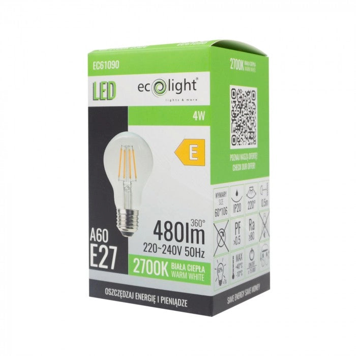 Lampadina LED filamento sfera E27 4W 2700K 480lm Ecolight