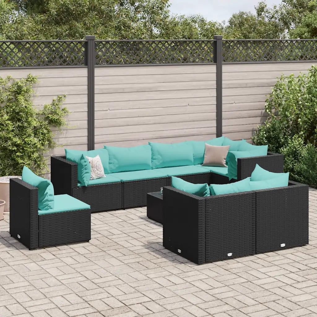 Set Salotto da Giardino con Cuscini 9pz Nero in Polyrattan