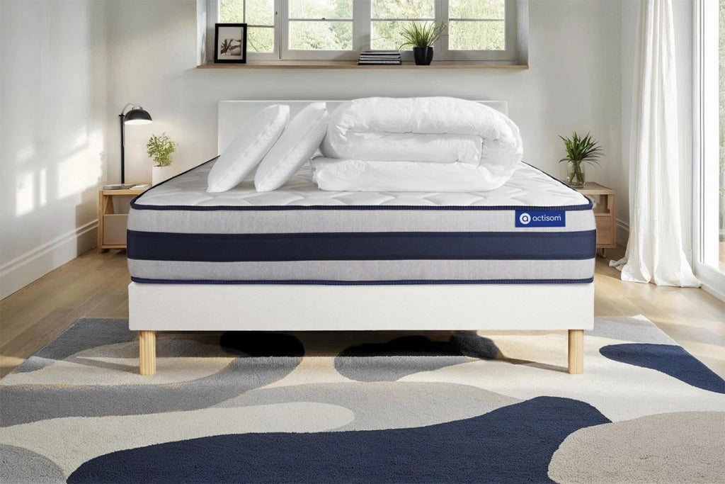 Pacchetto letto completo - Materasso 160x200cm + Box spring con doghe (in kit) + 2 cuscini + Piumino - Actimemo Ergo
