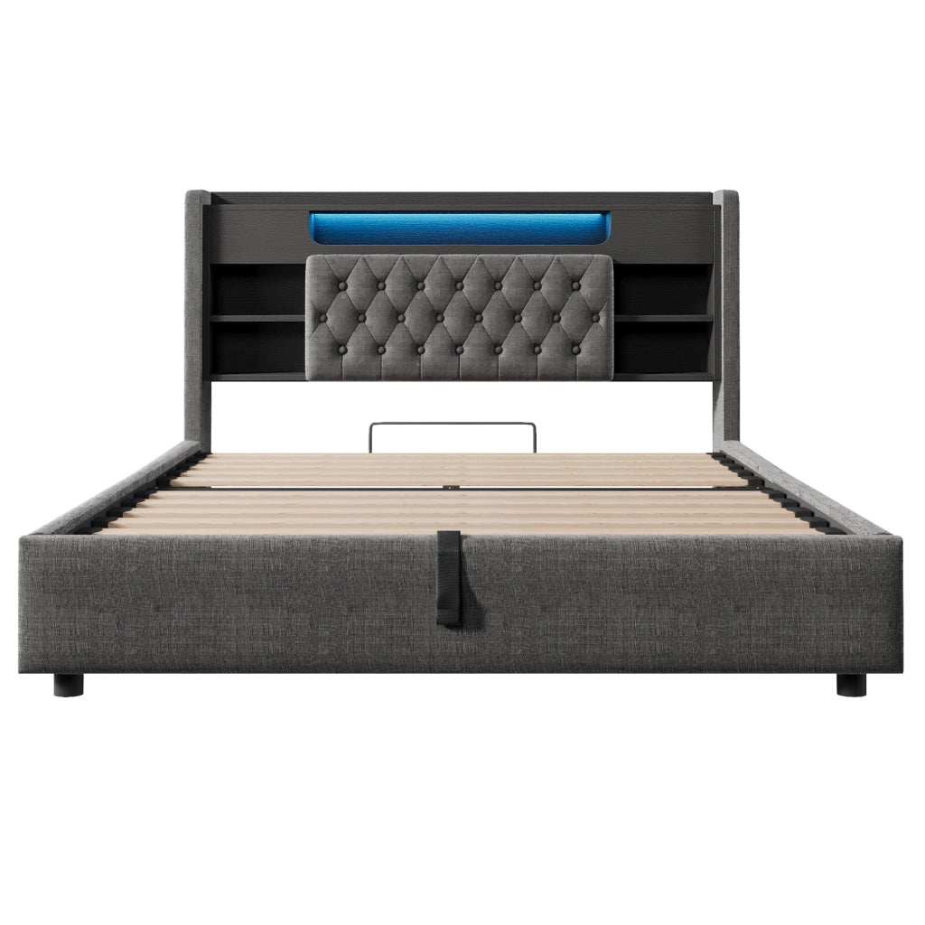 Letto matrimoniale 160x200 cm in lino grigio con contenitore; LED e porte USB