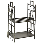 Portalegna in Ferro Battuto con Attrezzi per Camino, Manici e Base Rialzata, 51.5x33x77cm, Nero