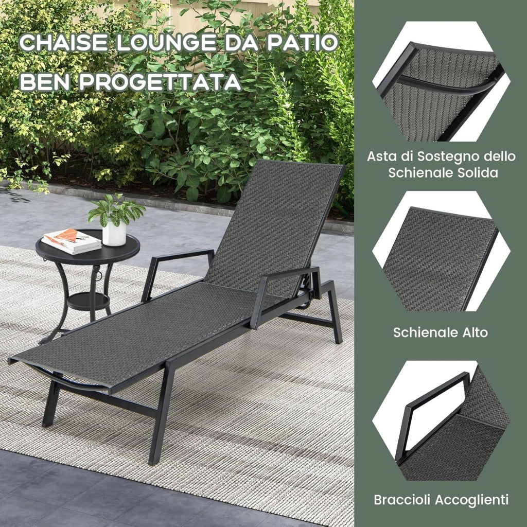 Lettino Prendisole in Rattan, Sdraio da Giardino con Schienale Regolabile a 5 Posizioni, Braccioli e Schienale Alto, Telaio Metallico Robusto, Portata 150 kg, per Piscina Balcone e Terrazza