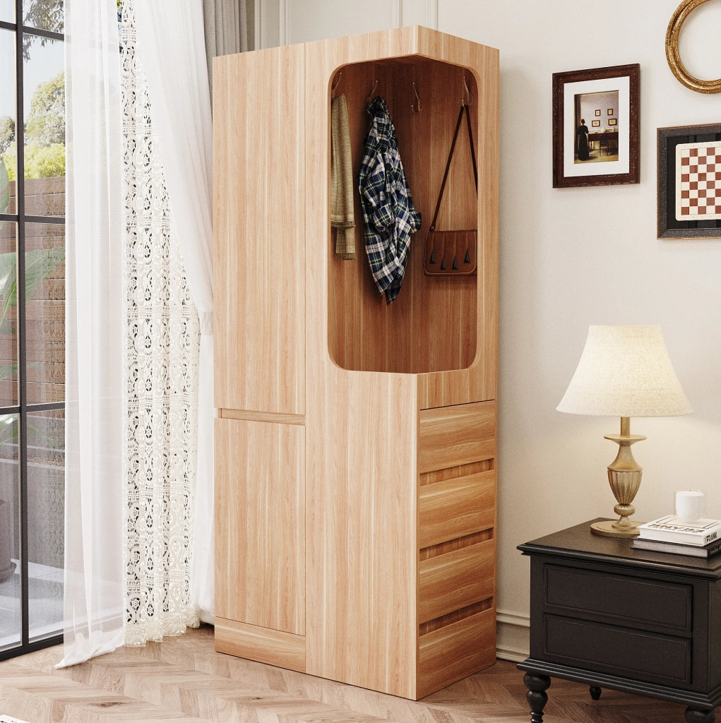 Armadio a 1 anta con 4 cassetti e vano appendiabiti aperto 70x40x170 cm in legno naturale
