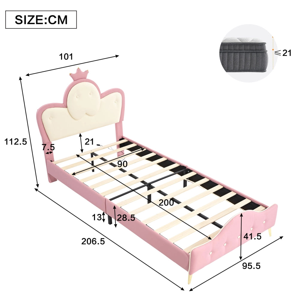 Letto singolo per bambini 90x200 in PU rosa e bianco， corona， LED， senza materasso