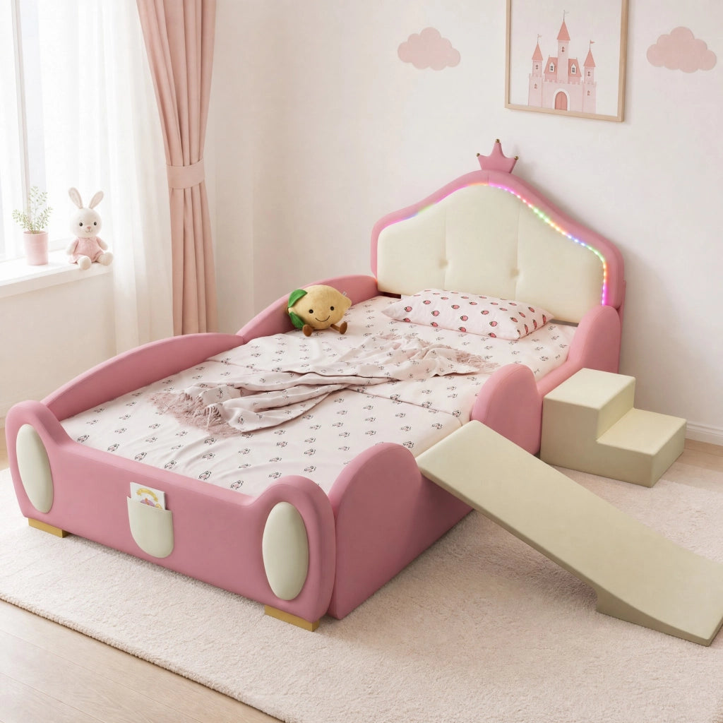 DESMIU Letto per Bambini 90 × 200 cm 1 Posto con LED, Scivolo e Scala, Senza Materasso, in PU, Rosa e Beige