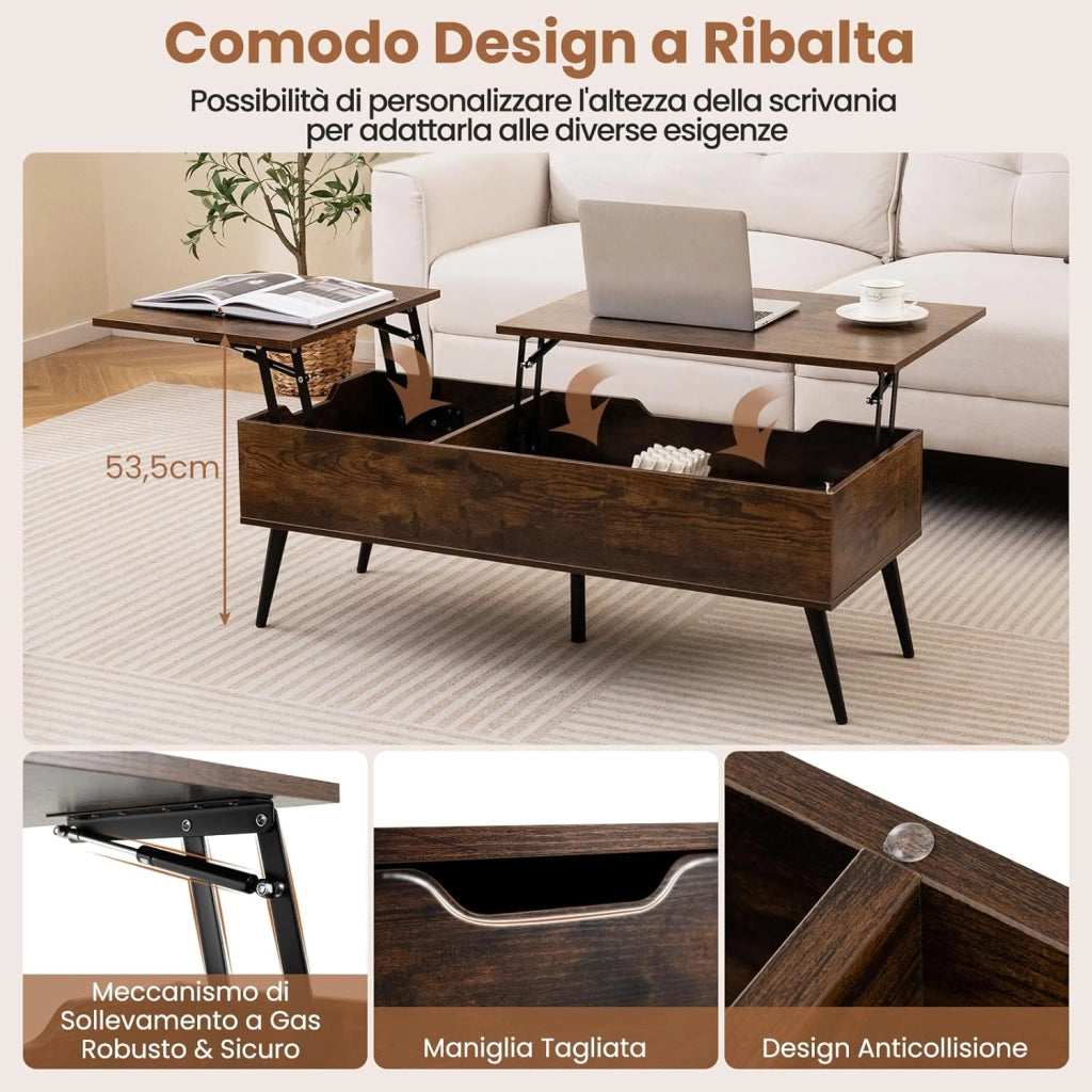 Tavolino da Caffè con Piano Sollevabile, Tavolino Moderno con 2 Scomparti Nascosti e Gambe in Metallo, Tavolo per Soggiorno, Studio e Ufficio, 111 x 48 x 40-53,5 cm (Marrone)