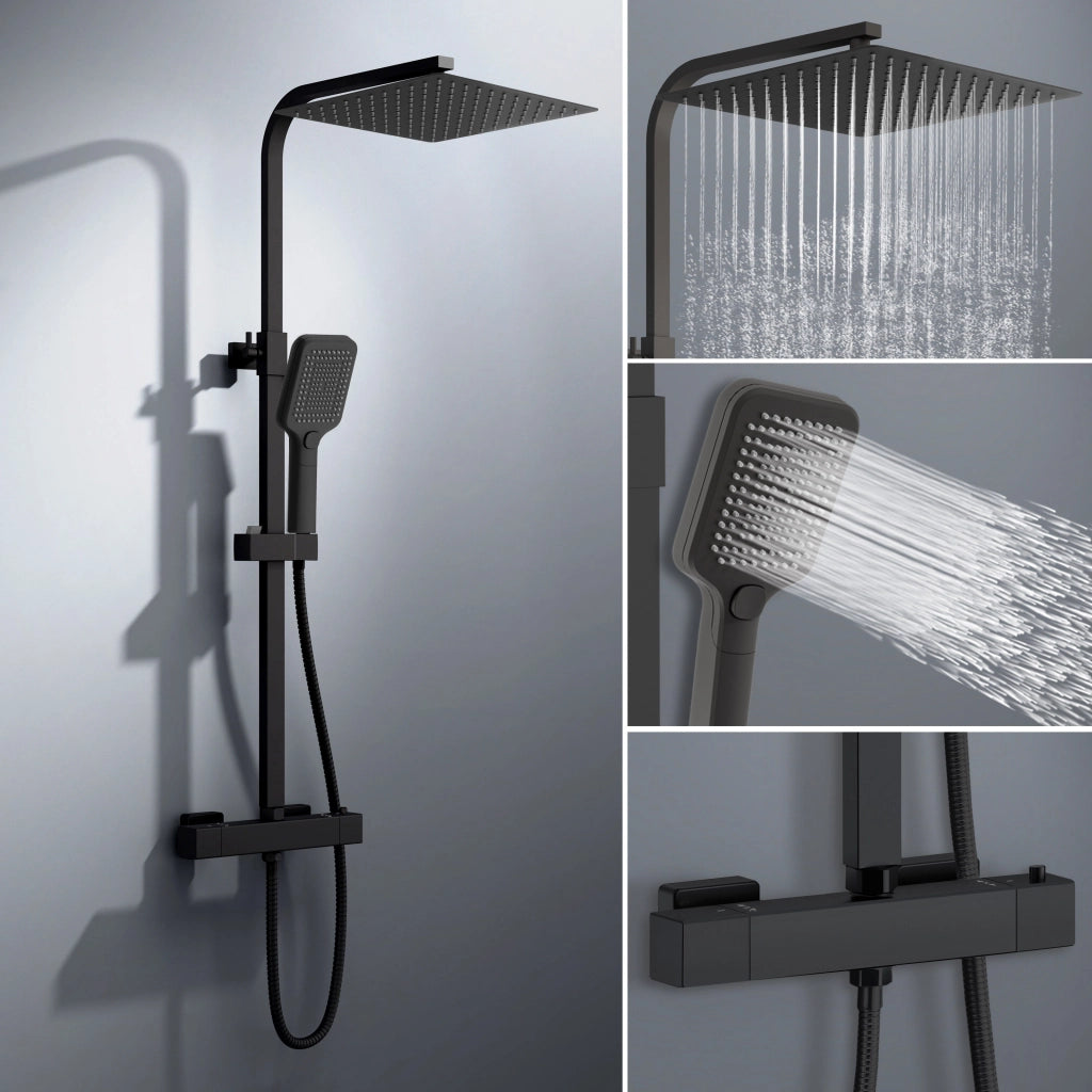 Colonna doccia con miscelatore termostatico, saliscendi doccia quadrato regolabile 73-115cm, nero