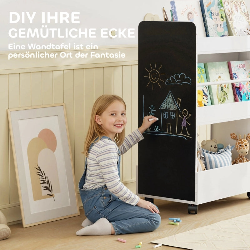 LIBRERIA PER BAMBINI 66,5x32,5x86,5 cm Bianca con ruote e lavagna