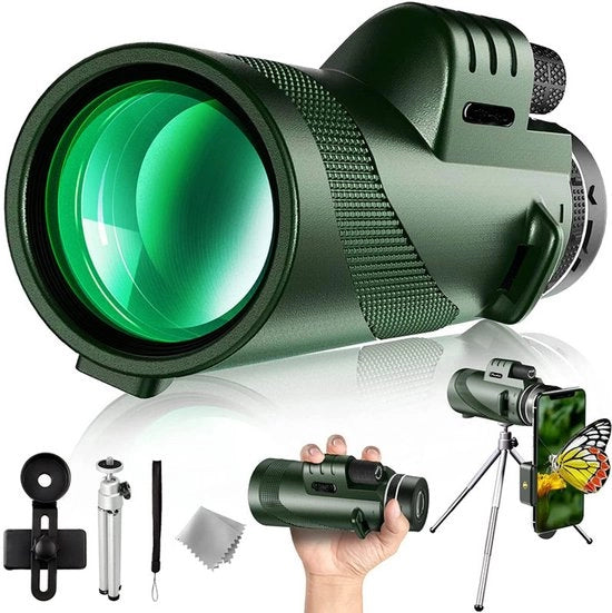 Telescopio HD 80x100 monoculare – Alta potenza – Con adattatore per smartphone – Per natura, uccelli, campeggio e caccia – Verde