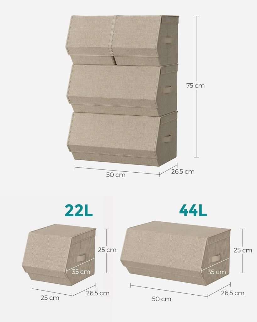 Set di 4 Scatole con Coperchio, Organizzatori Impilabili per Armadi, Contenitori con Chiusura Magnetica, in Tessuto, Struttura in Metallo, per Libri Vestiti, Beige Sabbia