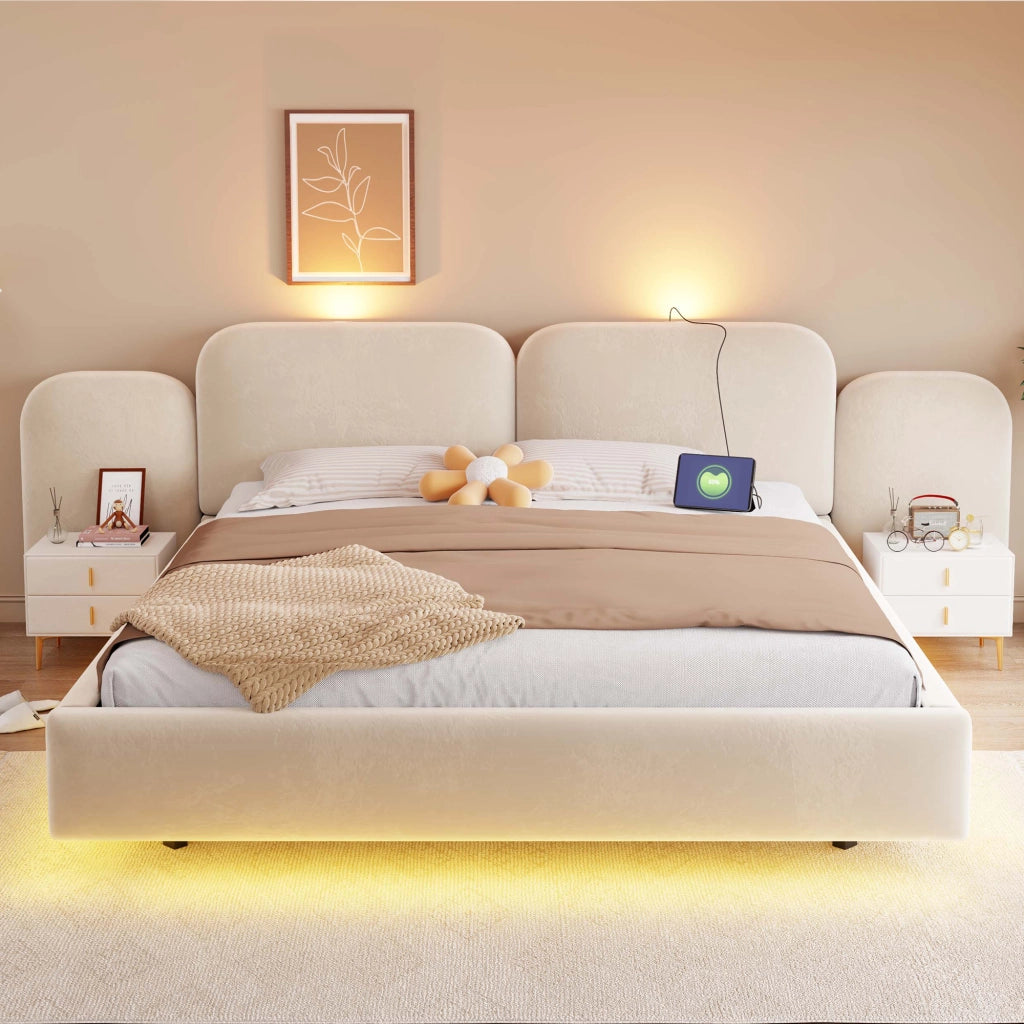 Letto imbottito 180x200 cm con contenitore idraulico; LED RGB; USB e Tipo C; velluto beige