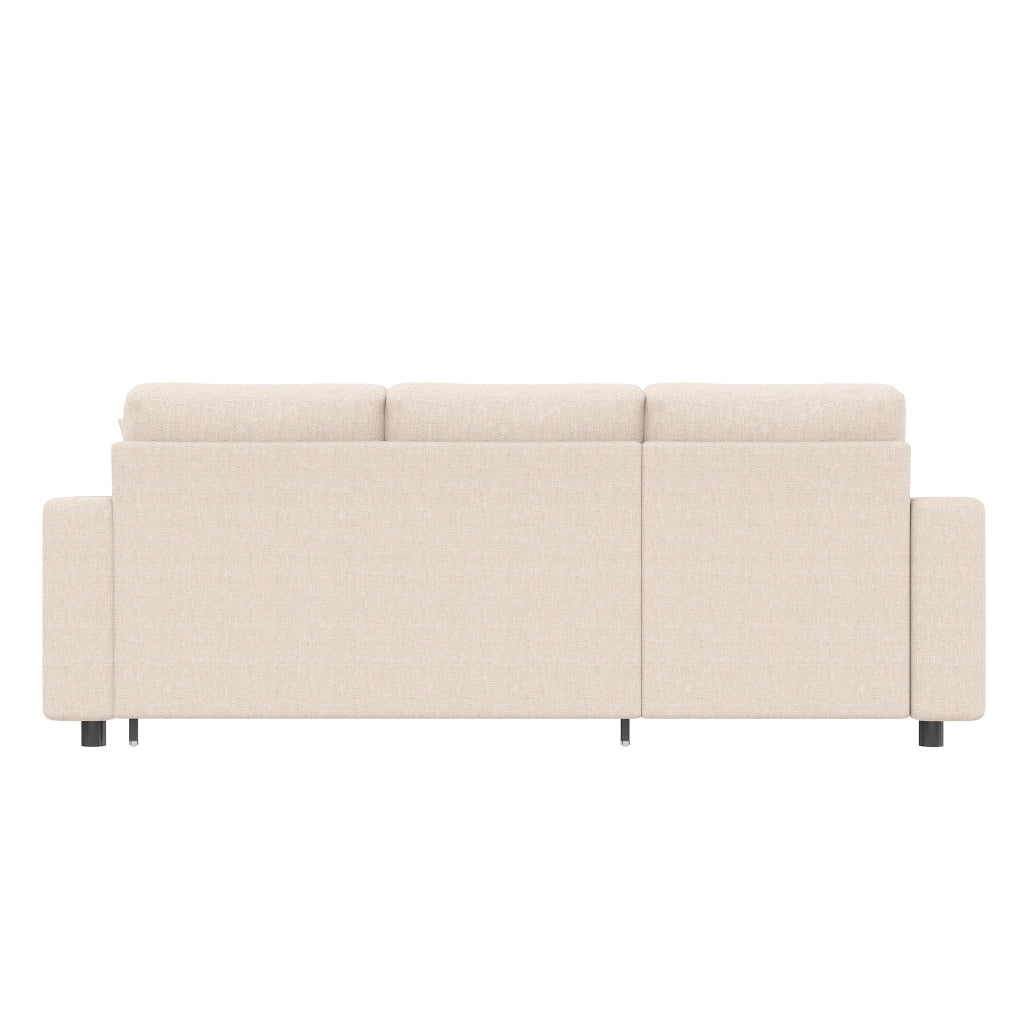 Divano letto multifunzione a L con contenitore e tasche laterali con cuscini in tessuto effetto lino beige