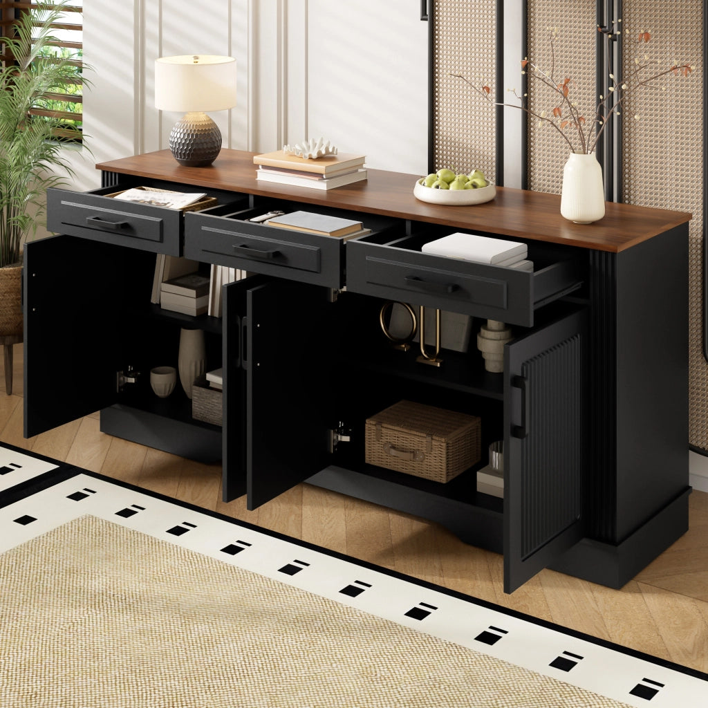 Credenza e madia con 4 ante 3 cassetti e 2 vani, in MDF, nero, per soggiorno e ingresso, 160 × 40 × 75 cm