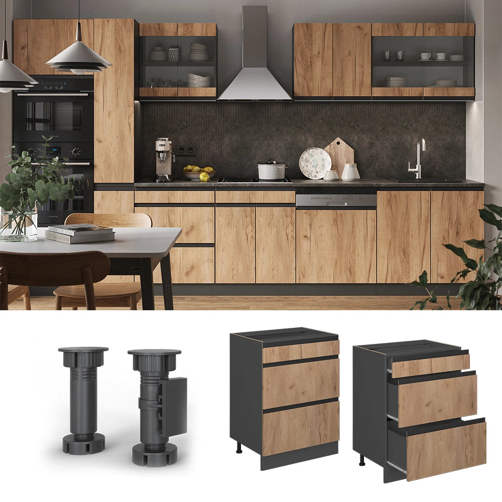Vicco Mobiletto base per cucina Quercia dorata 60 cm Forma a J, con cassetti, senza piano di lavoro