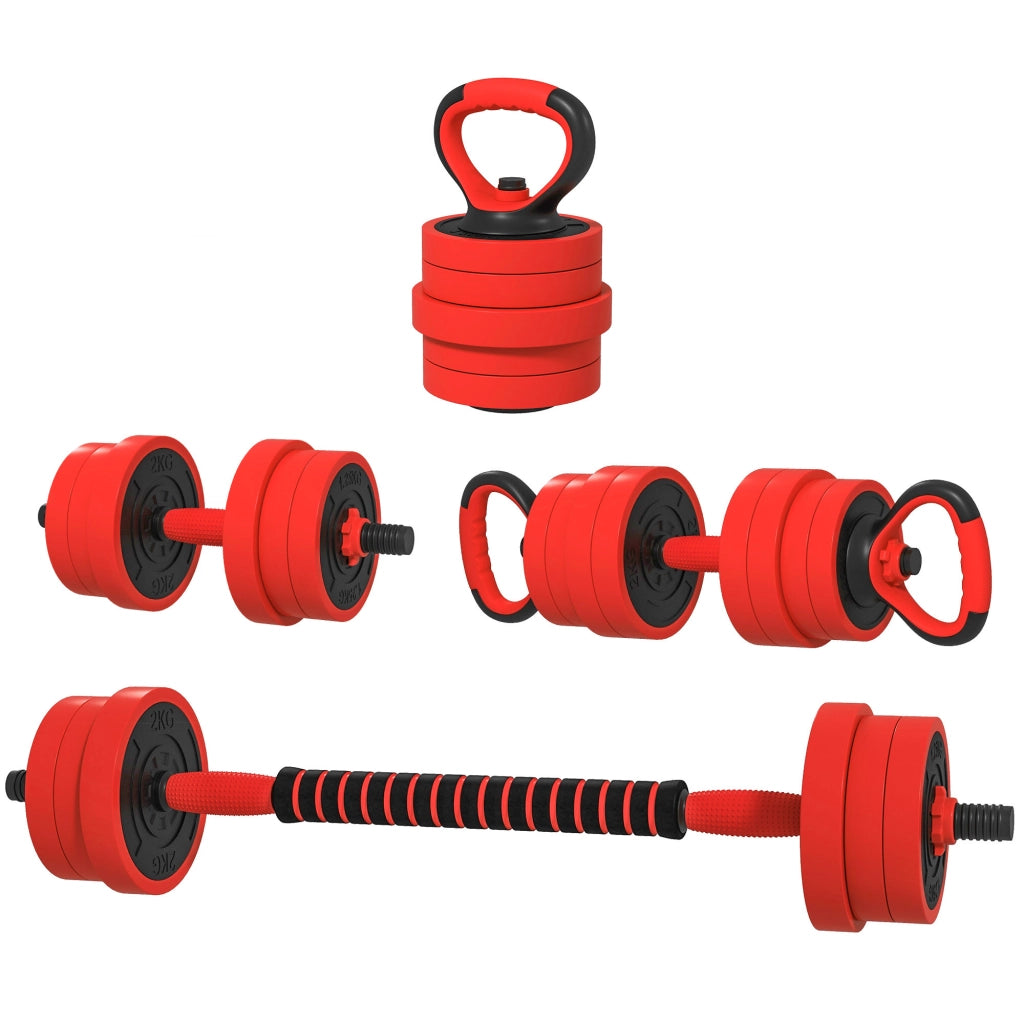 Set Pesi da Palestra 4 in 1 da 20kg, Convertibile in Kettlebell, 2 Manubri, Bilanciere e Supporto Flessioni, Rosso