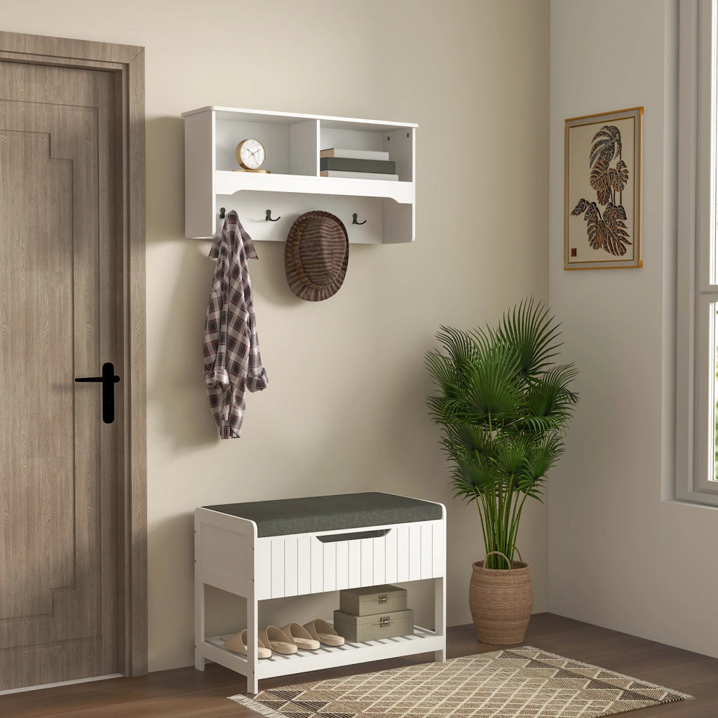 Easycomfort Mobile Appendiabiti a Muro con Panca Scarpiera per Ingresso e Corridoio, 80x20x40 cm, Bianco