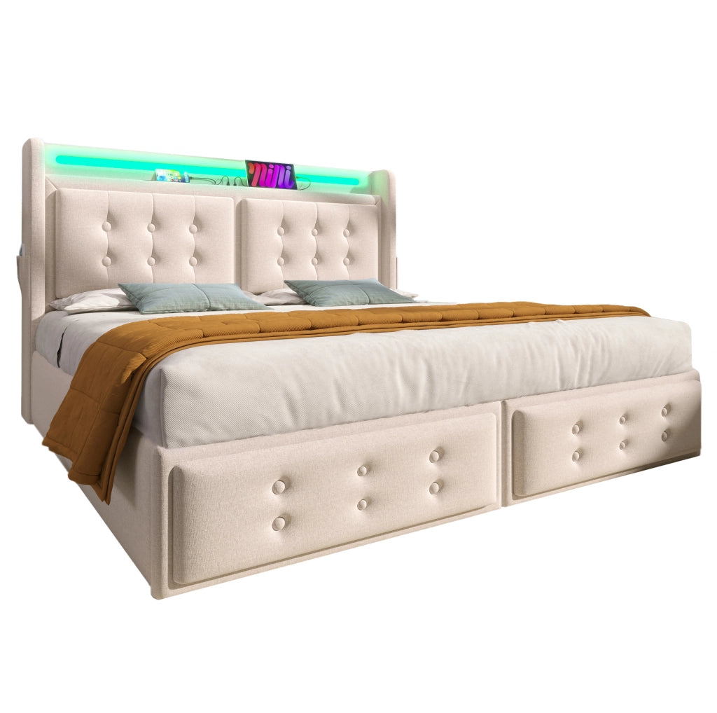 Letto 180x200 cm con LED; ricarica e 4 cassetti in cotone e lino beige