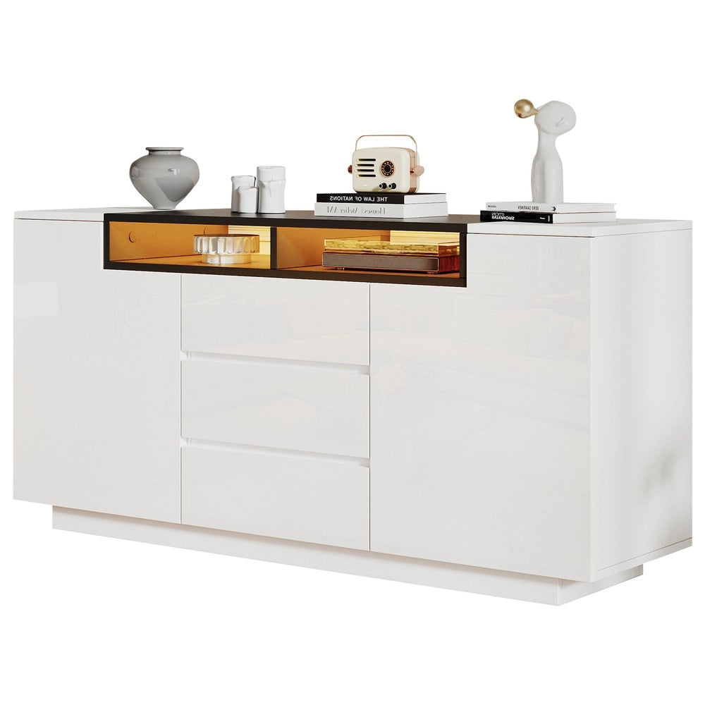 Mobile Credenza Soggiorno con LED e Cassetti ¨C MINIMAL ¨C Bianco/Nero Lucido 140x40x68