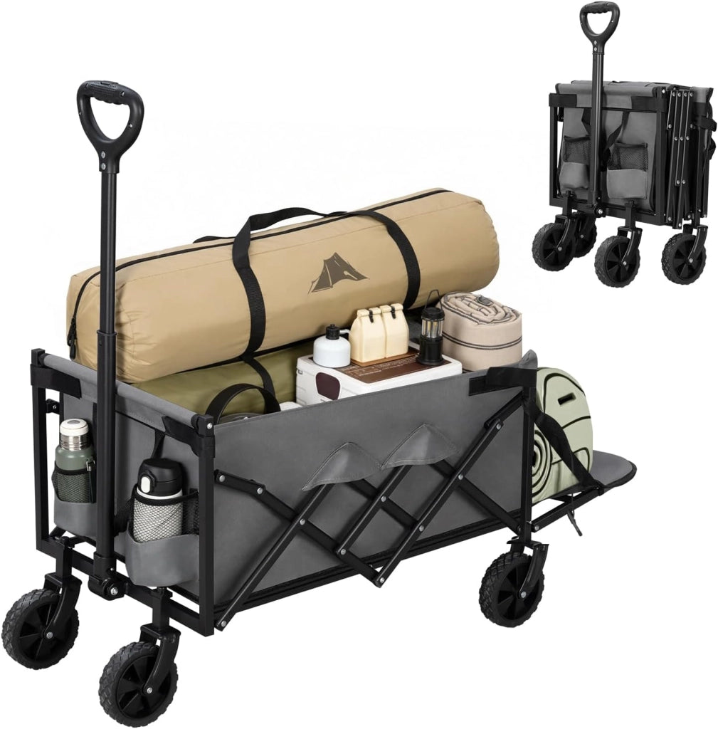 Carrello da Giardino Pieghevole con Ruote, 2 Portabicchieri, Pannello Posteriore Ribaltabile, Manico a Ritorno Automatico, Carrello Portata 150 kg, Telaio in Metallo, per Esterno, Grigio