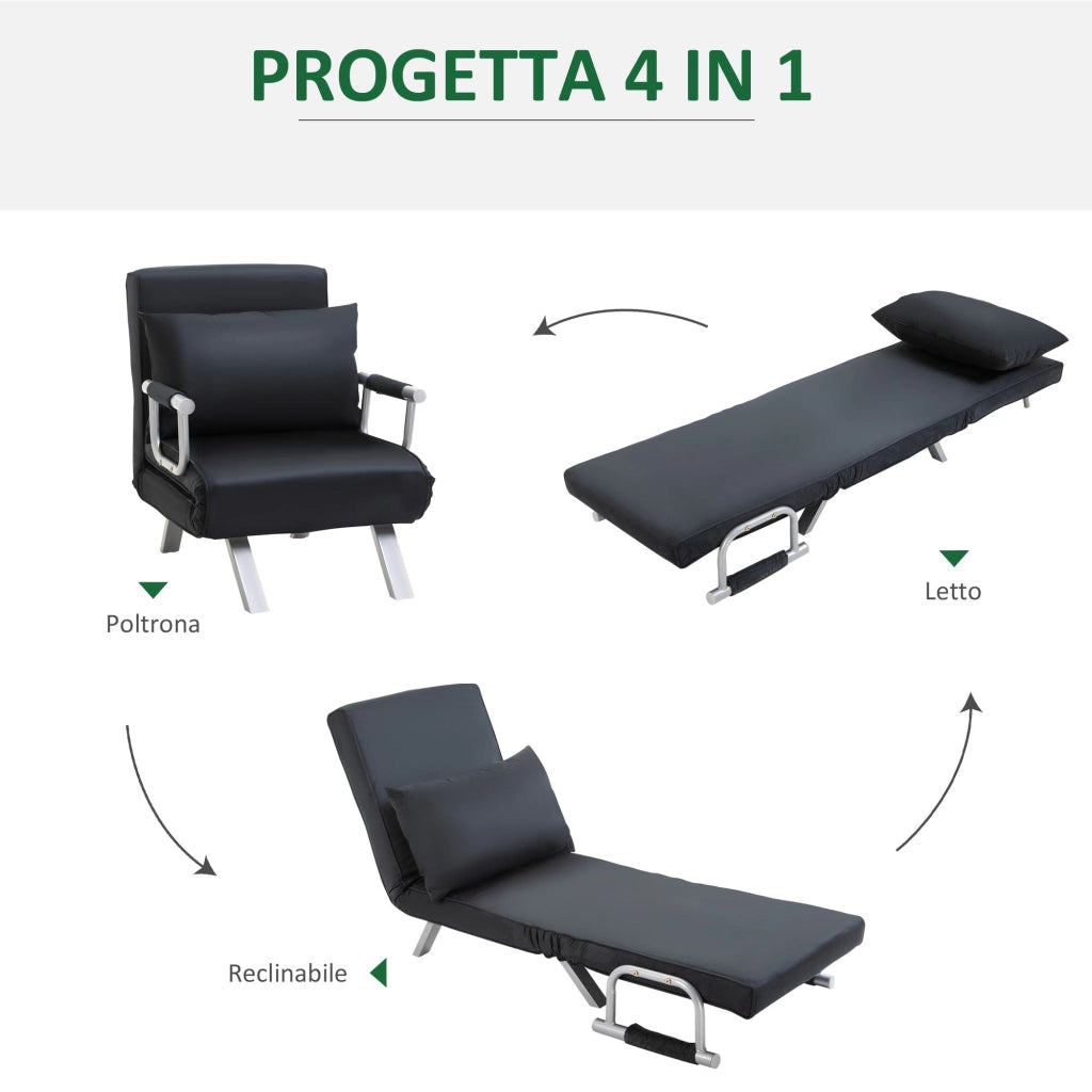 Poltrona Letto Singolo 65x69x80 cm Schienale Reclinabile su 5 Posizioni Nero
