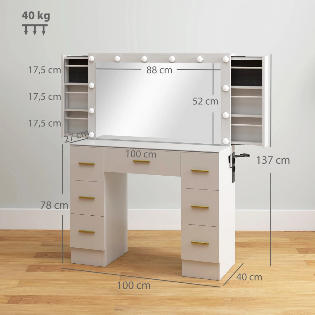 Tavolo da trucco con specchio e 12 luci LED, cassettiera con 7 cassetti e 6 scomparti nascosti ¨C zephmum ¨C Bianco