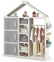 Armadio per Bambini, Organizzatore a Forma di Casa con 1 Lavagna, 3 Armadietti, 4 Cestini, 3 Cubi Chiusi e 3 Cestini Laterali, Armadietto Salvaspazio per Camera da Letto e Soggiorno (Grigio)